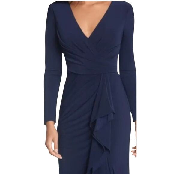 Betsy & Adam Navy blue cascading side ruffle long dress high slit  sz 12 - Picture 3 of 11